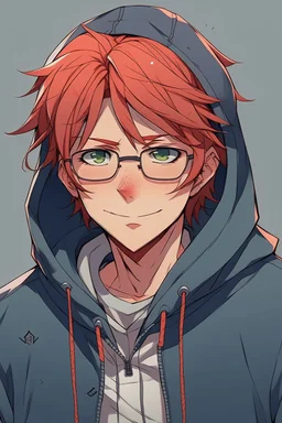 Anime man with glasses, messy red hair, wearing a hooded sweatshirt, slight smile, realistic