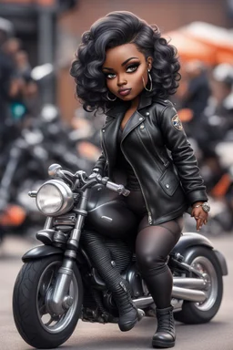 Create an airbrush image of a chibi curvy black female wearing a biker's coat and boots with black tights. Prominent make up with hazel eyes. She is sitting on a big Harley Davidson motorcycle at a bike show.