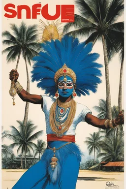 SNFIIN'GLUE mag cover by Ralph Steadman for a special issue on temple with palm trees (1978), guest star: Indian six arms Kerala kathakali male dancer for for Aardschok(nl) and MetalHamme, fancy headdress blue clothing and jewelry