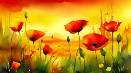 field of some beautiful red poppies and some yellow lights in watercolor