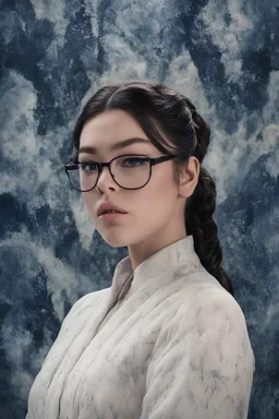 Hailee Steinfeld as Princess Leia, 4k UHD, photorealistic, ((big, full, plump, pouty lips:1.5)) black hair, big cat-eye eyeglasses, dark blue foggy gradated marble wall background