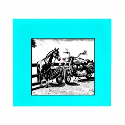 a harley davidson pan america 1250 motorcycle, next to a Indian Springfield Dark Horse motorcycle. next to a horse who's facing away and tied by the reins to a wood railing. white background. dirt ground. silkscreen style image