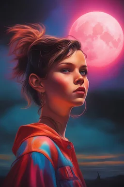 in the dead of night the bright moon shines down on a giant, extremely colorful Millie Bobby Brown facial portrait, in the art style of Boris Vallejo,