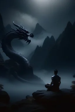 A helpless man in a Chinese mountain doing yoga in front of a dragon of black darkness 8k