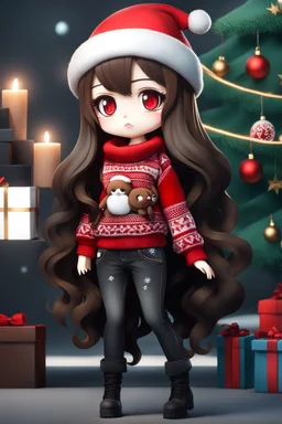 full body chibi woman with long brown hair, red eyes, bad girl vibe, cozy sweater and black jeans, Christmas theme, intricately detailed, masterpiece, anime chibi doll, 4k