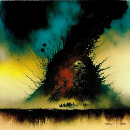 Big Bertha trampled you down 8 shells an hour, 8 hundred kilograms of trinitrotoluene, WWI, War composition, watercolor and ink, Style by Zdzislaw Beksinski and Frank Frazetta and Colin McCahon, dark colors, surreal horror art, nightmarish atmosphere, dynamic composition, sfumato, smoke plume with fiery text "1914"