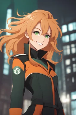 Young Woman with wild hair, orange and cream-colored hair, dark green eyes, wearing futuristic schoolgirl uniform, cheerful, grinning, urban background, RWBY animation style