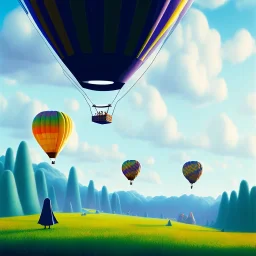 The Mouse and the Grim Reaper on balloon world, discussing the future of the universe, art by Pixar and Magritte