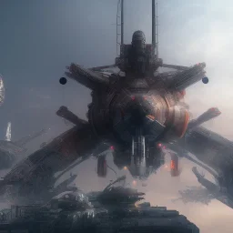 space ship, wide angle view, macro lens, titanium accents, intricate details, small minutiae, tiny features, particulars, colorful, 8k, least ambient occlusion, volumetric lighting, volumetric clouds. art by Yoji Shinkawa