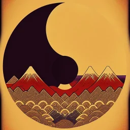 Ukiyo-e styled art, yin and yang sign, mountains and sun