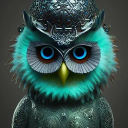 Anthropomorphic blue owl, big green eyes, lots of details, portrait, finely detailed armor, cinematic lighting, intricate filigree metal design, 8k, unreal engine, octane render, realistic, redshift render