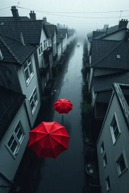 top-down view of a grayscale wet city street with houses, rain, 1 red umbrella, surreal style, dark mood