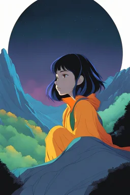 Dark background, nighttime, dark lighting, minimalist shading and depth detail, anime style, Studio Ghibli style, cel shading, sci-fi artwork by Moebius, nighttime blue highlights, extremely smooth blending, blue indigo violet red orange yellow green; AN ORANGE scientist Dark Zendaya girl with a bob, detailed face, yellow eyes, dense colorful cave ecosystem, sense of depth, little ALIEN reptile hybrid pet, spiked germs monster creatures, pollen particles, glitter pop detailing in the air