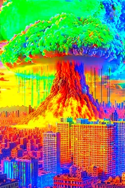 A volcano exploding over a New York City, inside the explosion a a transparent face of the ghost of distraction