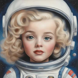 Marilyn monroe,, blond Little girl , astronaut,, l,ong hair, , in the style of Margaret Keane