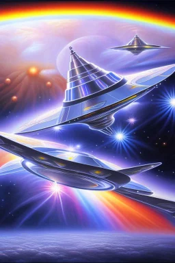 intergalactic very beautiful ufo rainbow futurist,mother ship pleiadien,crystal and light diamond