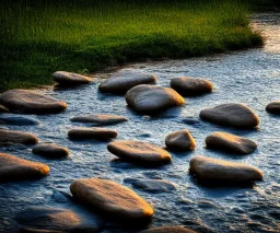 Stones, river, sunset