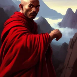 Portrait of a monk, red robe, mountain background, fog, face front, grimdark, Frank Frazetta, Greg Rutkowski, hyperdetailed, dnd, trending on Artstation, Splash screen art, dynamic lighting, hyperdetailed, intricately detailed, a masterpiece, 8k resolution, high contrast,