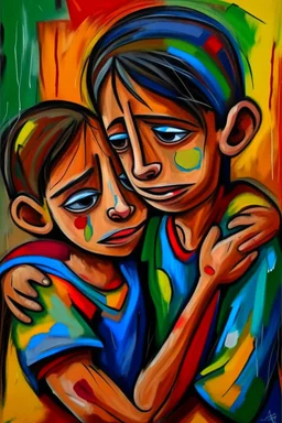 a girl hug her brother and both crying sadly, expressionism, Pixar style, in abstract art Basquiat, Picasso, Miro, Kandinsky, Klee, Birell, Fairey, Ardon, Buffet aand Picasso style, HD --s 750 --v 5.1 --style raw, water color