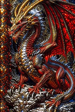 a huge red dragon guarding af treasure of gold, silver and diamonds. style of Larry Elmore.