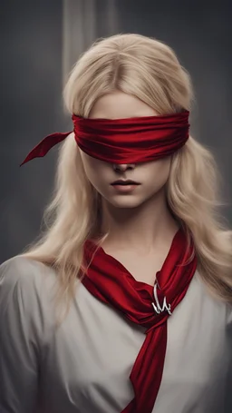 A blonde girl is blindfolded with a red cloth, with a necklace bearing the letter M around her neck. Cinematic picture