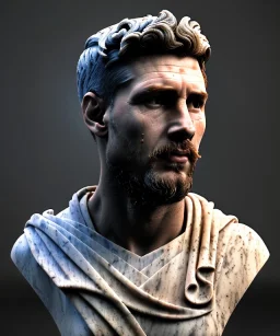 Gran angular, Realistic image, roman sculpture, marble material, Lionel Messi with Laurel wreath model, miguel angel style, emperador, God light, god rays, 4k resolution, perfect details, ornate details, soft lighting, unreal engine 5, soft cyan background.