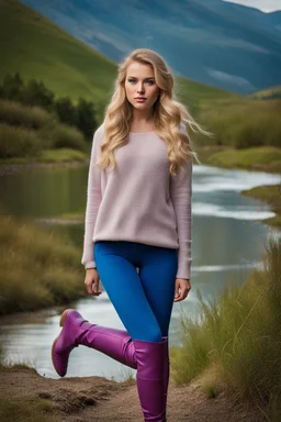 country side ,blue sky , mountains, pretty clouds ,small river with clear water and nice sands in floor,beautiful 18 year old girl with ash blonde hair and blue eyes with her curvy hair down, wearing a long-sleeved woollen top, and lilac long leggings, with long red boots full body standing pose shot