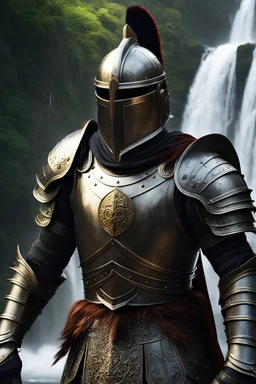 Roman knight in Spartan armor close-up, in the Amazon River Gorge, against a waterfall, 8k ultra realistic, photorealistic, photography lighting, reflection mapping, ultra detailed, photorealistic, cinematic, movie quality rendering, vfx post production, rtx ray tracing lighting, --ar 4:5