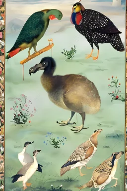 John James Audubon-like illustration of a fully uncropped Dodo bird and a Platypus in a landscape of warm yellows, warm reds, and warm blues