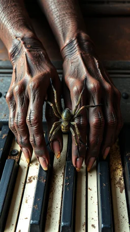 Ugly , Evil rusted hands on an old piano keyboard with spider on the keyboard