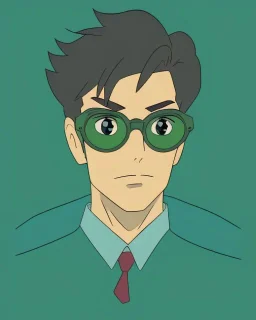 Fit man in round glasses, wavy hair, stubble, slim, tie, monotone, green eyes, comic book style, two tone colours, detailed, ink, realistic, handsome, square jaw, big brows, no jacket, bird on the shoulder, spotlight
