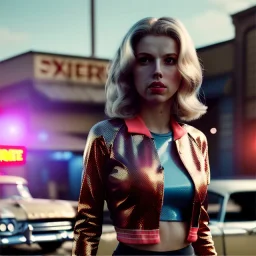 Ultra Realistic retro sci-fi movie explosion Supermarket parking scene, 1960 year, waist up view portrait, 1 blonde women, sweet scarlet Johansson face, perfect iris, glow eyes, face makeup, tight latex coat. many people looking, Retro sci-fi style, soft color, highly detailed, unreal engine 5, ray tracing, RTX, lumen lighting, ultra detail, volumetric lighting, 3d, finely drawn, high definition, high resolution.