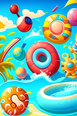 cartoon swimming pool, floaties, waves, rings, squirt gun, beach ball, wallpaper