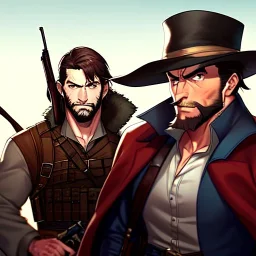 Portrait, Bearded, gunslinger, short brown hair, serious eyes, wild west Coat,