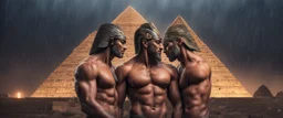 Hyper realistic shirtless muscular male pharaohs hugging & a pyramid behind at rainy night