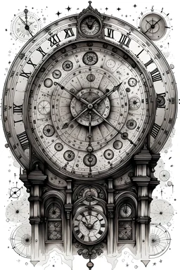 A drawing of the astronomical clock with exact details black ink on white background clean and clear design for a tattoo