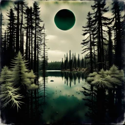 Sublime foto close-up polaroid ad alta definizione di una foresta di conifere falsa, strani mostri, un lago falso, surreale, collage art, dadaism, sublime, splimapys nero, cielo nero, acqua nera riflette un sole nero, macabre piante circondano il lago, alghe, hypermaximalist, Max Ernst style, strangeness, intricate, hypnotic, obsessive, 8k, deep 3d field, very accentuated details of the rocks, eerie, artistic photo, large format film, medium format film