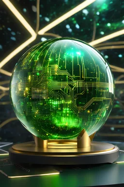 Realistic bionic green and gold circuitry and wires inside a glass sphere with a view of another galaxy in the background