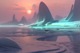 ice, lagoon, seashore, distant futuristic city, epic, sci-fi