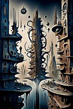 a stunningly weird image of a futuristic metropolis using Salvador Dali's paranoiac-critical method, where buildings and structures appear to melt into the skyline cityscape is filled with floating mad, twisted sharp metal shapes that interact with the buildings and each other, forming a surreal tableau of a dreamlike reality. neu-steampunk vibe, essence of the scene in a cinematic manner, with dramatic shadows that enhance the distorted perspectives and bizarre