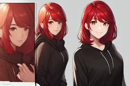 An anime young adult female with medium length red hair, brown eyes, wearing a black hoodie, realistic, slight smile