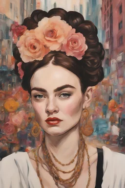 Frida Kahlo style Ginger hair Jennifer Lawrenceof lovely bombshells Hip hop style oil painting Gustav Klimt style, dream, symptom, image in the background in the city artgerm display Andy Warhol style artgerm display in the 20 th century New York City. New York was like an adventure , and the city itself seemed like a big illusion, full of light and shadows.
