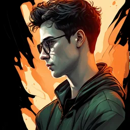 A dark-haired man, brown eyes, green hoody, black glasses, Oil portrait, lichtenstain style