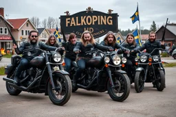 a very hard and tuff motorcycle young gang with Keltic hair , not old, posing with their Harley Davidsson bikes, some of them holding guns and shotguns, a logo sign with "FALKÖPING HD", "FEARLESS SINNERS" Skulls and bones, skeletons and fire, Swedish town Falköping in background, Swedish flags on bikes, Simon Stålenhag style