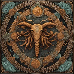 celtic scorpio zodiac sign I centered | symmetrical | key visual | intricate | highly detailed | iconic | precise lineart | vibrant and natural all round colors | comprehensive cinematic | alphonse mucha style illustration I very high resolution | sharp focus | poster | no watermarks I plain black background I image to fit within the square