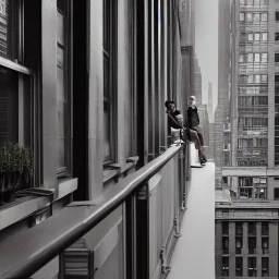 a couple arguing on the balcony, downtown new york, dramatic, dramatic lighting, volumetric lighting, hyperrealism, 8k, high quality, photorealistic, lot of details