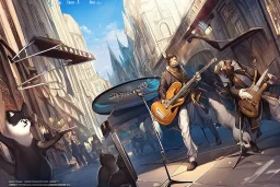 Group of three mature cats musicians, one cat playing guitar, one cat playing drums, one cat holding microphone and singing, street, Vienna, smiling, sunny day, model style, hyper realistic, extremely accurate, delicate, extremely detailed, Graphic novel style, wide-angle, open aperture, superfine pencil