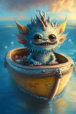 cute happy tiny ocean demon sitting in a boat, intricately detailed, photorealistic, oil on canvas, trending on art station, high definition, hdr, cute, beautiful in sunshine