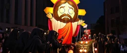 cartoonish jesus parade balloon pulled by multiple grim reapers, multi colored, bright, vivid, psychedelic, high detailed, high gloss, insanely detailed, matte, horrorcore, lining the street, unsettling contrast, monument to death, live action shot grim reaper parade, pulling a jesus parade float