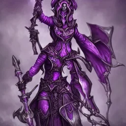 one female necromancer purple armor purple hair holding a staff